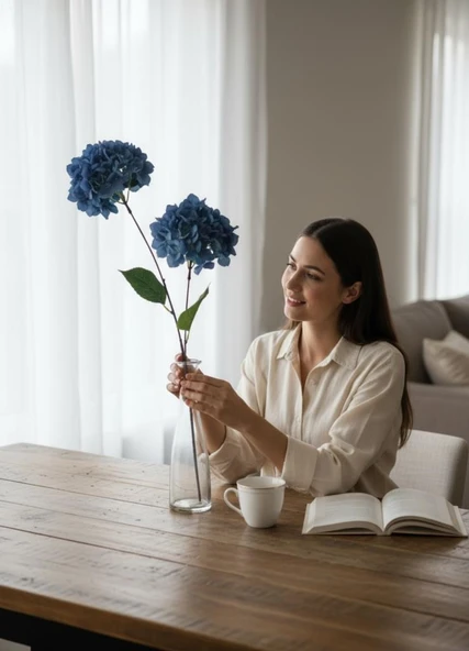 Yapay Çiçek Ortanca 90cm 2Toplu Mavi Koyu Tek Dal Kumaş Çiçek Uzun Dal - Resim 4