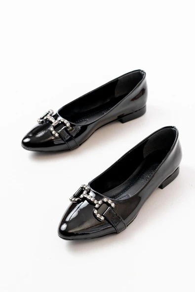 İNF-133 Siyah Rugan Taşlı Tokalı Günlük Kadın Babet - Resim 4