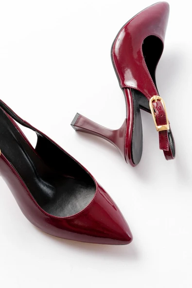 719 Bordo Rugan Sivri Burunlu Toka Detaylı  Topuklu Kadın Ayakkabı - Resim 4