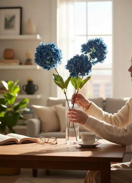 Yapay Çiçek Ortanca 90cm 2Toplu Mavi Koyu Tek Dal Kumaş Çiçek Uzun Dal - Resim 5