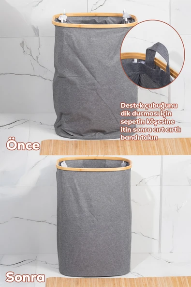Porsima Mio-101 Bambu Banyo Kirli Çamaşır Sepeti Banyo Düzenleyici Sepet 44X66 cm - 3