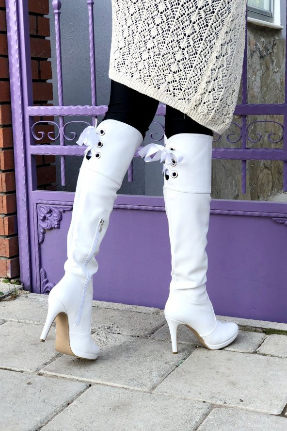 Kadın Beyaz Cilt Arka Kurdelalı Çizme 11 cm Topuklu Çizme - 5