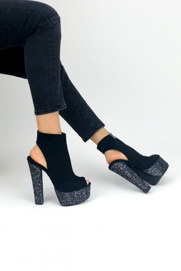 Kadın Siyah - Platin Cam Kırığı 15 cm Platform Topuklu Ayakkabı - 2
