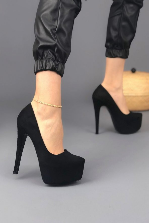 Kadın Siyah Süet Platform Ayakkabı 15 cm Platform Topuklu Ayakkabı