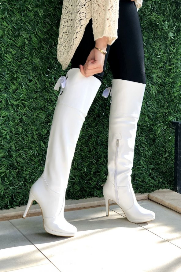 Kadın Beyaz Cilt Arka Kurdelalı Çizme 11 cm Topuklu Çizme - 2