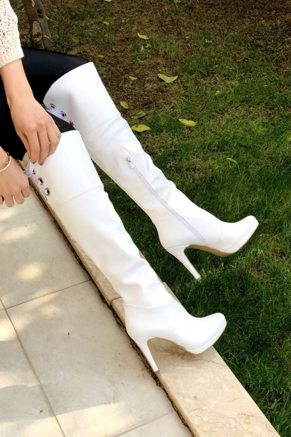 Kadın Beyaz Cilt Arka Kurdelalı Çizme 11 cm Topuklu Çizme - 3