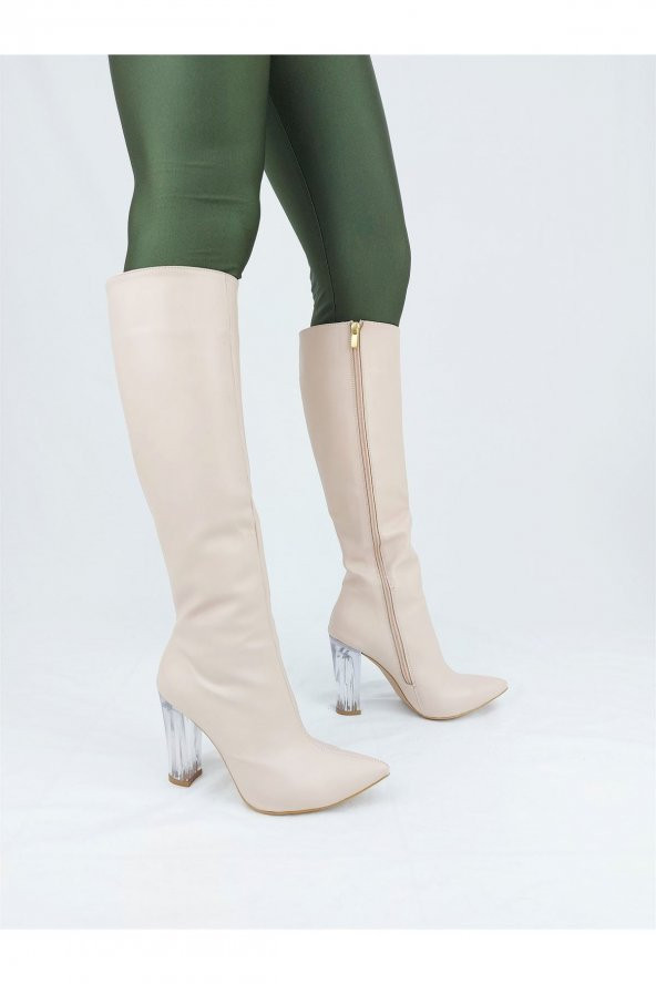 Rum Ten Cilt Şeffaf Topuklu Diz Altı Çizme - 4
