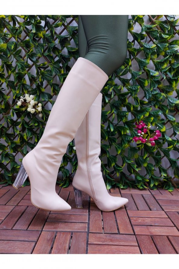 Rum Ten Cilt Şeffaf Topuklu Diz Altı Çizme - 2