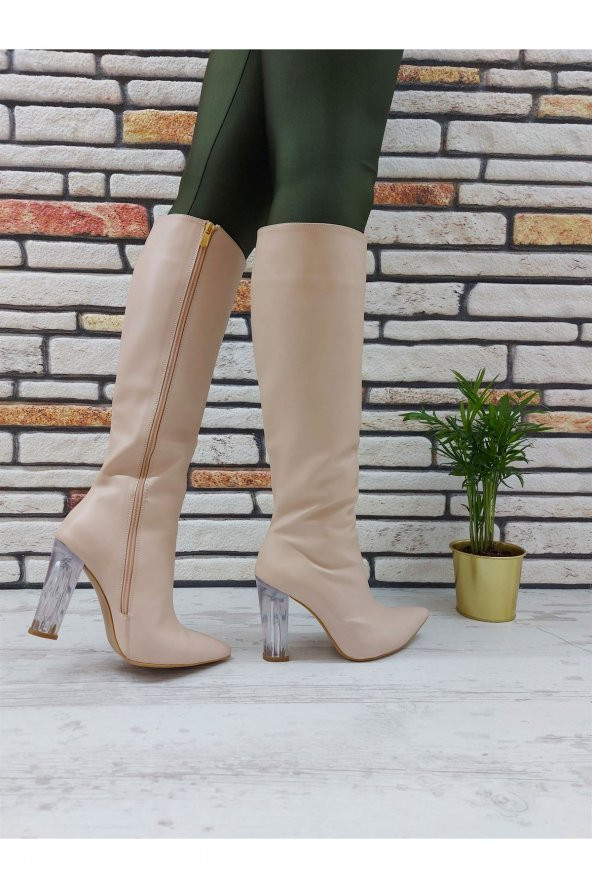 Rum Ten Cilt Şeffaf Topuklu Diz Altı Çizme - 3