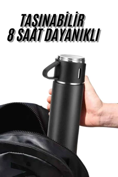 Termos Seti 3'lü Bardak Seti Isı Dayanıklı Siyah Paslanmaz Çelik Vakumlu - 2