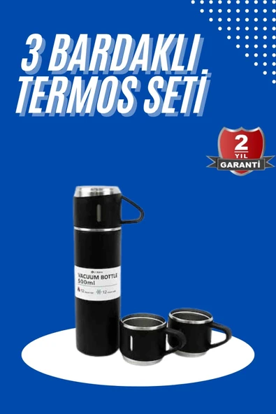 Termos Seti 3'lü Bardak Seti Isı Dayanıklı Siyah Paslanmaz Çelik Vakumlu - 1