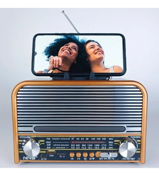 NS-6678 Retro, Nostaljik, Ahşap LED Işıklı Müzik Seti FM Radyo USB MP3 Player Bluetooth Hoparlör Tasarım - Resim 2
