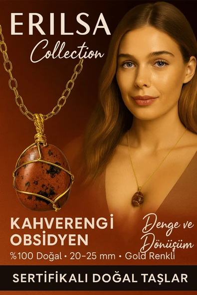 Sertifikalı Tel Sargılı Doğal Kahverengi Obsidyen Taşı Kolye – Altın Kaplama Koruma Taşı ürün görseli
