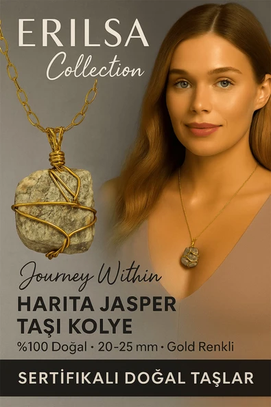 ASertifikalı Tel Sargılı Doğal Harita Jasper Taşı Kolye – Altın Kaplama Denge ve Farkındalık Taşı ürün görseli