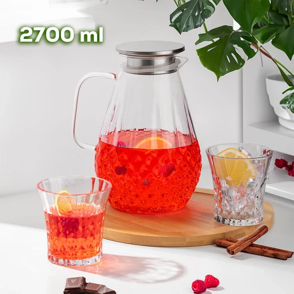 Porsima 20-0097 Borosilikat Cam Sürahi Metal Kapaklı Cam Karaf - Detoks Sürahi 2700 ML ürün görseli 1