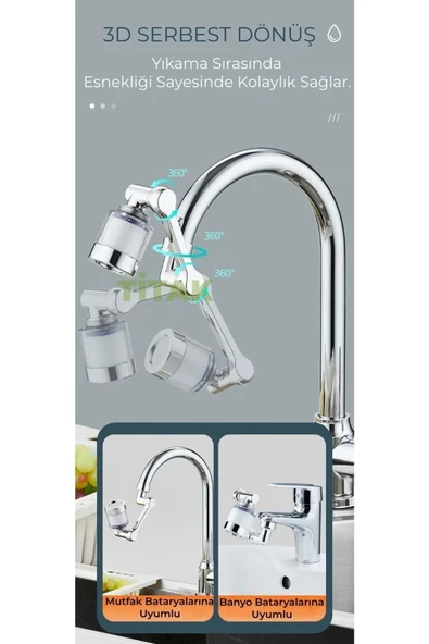Filtreli Mutfak Banyo Musluk Başlığı 180 Derece Dönebilen Fonksiyonel Evrensel Büyük Boy - 4