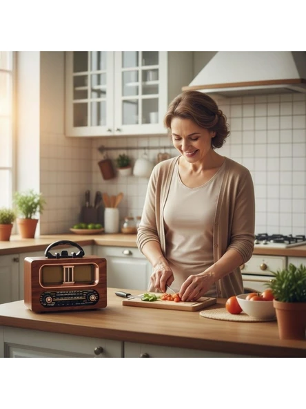 NS-6635  Büyük Boy Retro, Nostaljik, Ahşap Tasarım Bluetooth Hoparlörlü, Şarjlı, Taşınabilir Fm/am Destekli Radyo - Resim 2