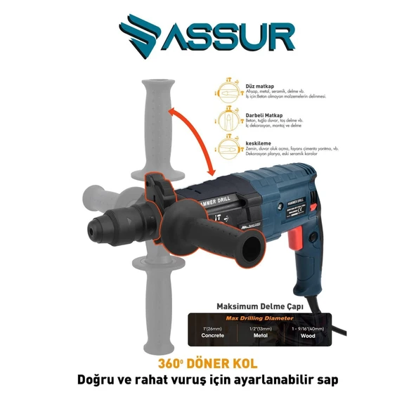 850W Assur Metal Şanzıman Darbeli Matkap Kırıcı Delici Hilti 2-28mm - 3