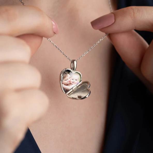 Vaoov 925 Ayar Gümüş Fotoğraflı Kişiye Özel İsimli Kalp Kolye - Resim 4