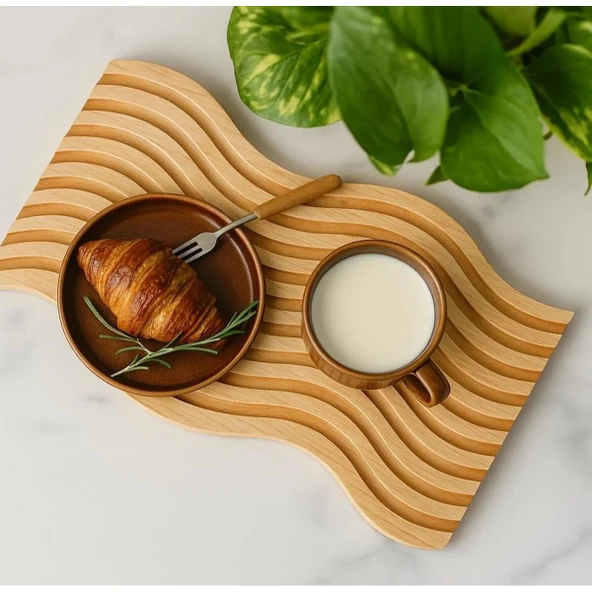 Dalgalı Çift Taraf Tasarımlı Ahşap Sunum Tepsisi - 4