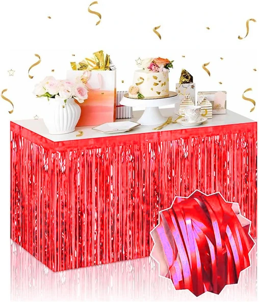 Kendinden Yapışkanlı Kırmızı Metalize Püsküllü Masa Eteği