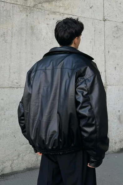 Oversize Vintage Erkek Siyah Deri Ceket - 3