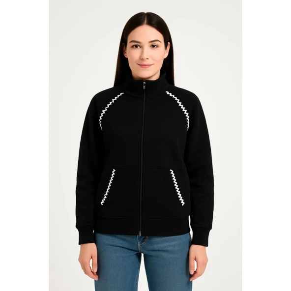 Lucky Life Oversize Dik Yaka Fermuarlı Sweatshirt - Zincir Nakışli Kanguru Cepli, - Siyah - 2