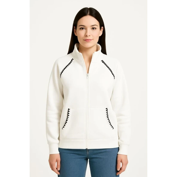 Lucky Life Oversize Dik Yaka Fermuarlı Sweatshirt - Zincir Nakışli Kanguru Cepli, - Beyaz - 7
