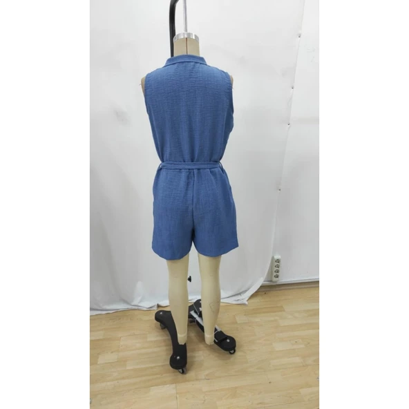 Lucky Life Kadın Sıfır Kollu Yakalı Düğmeli Belden Kuşaklı Kısa Keten Tulum - 8