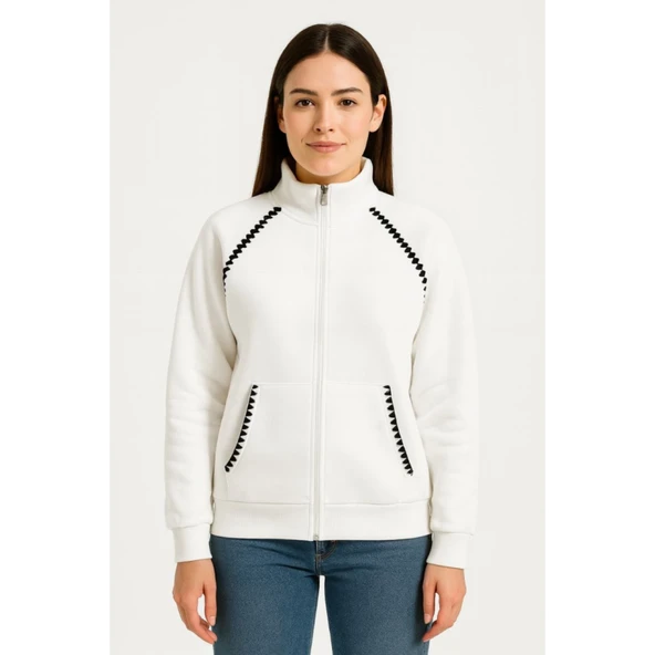 Lucky Life Oversize Dik Yaka Fermuarlı Sweatshirt - Zincir Nakışli Kanguru Cepli, - Beyaz