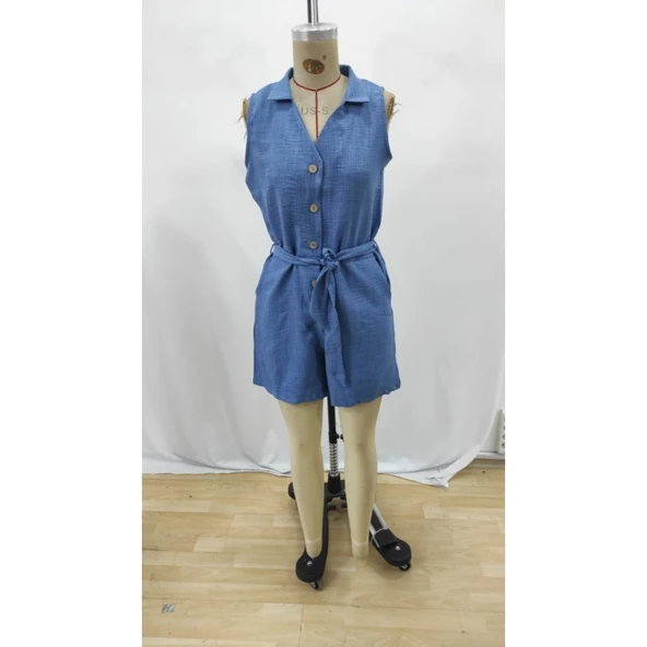 Lucky Life Kadın Sıfır Kollu Yakalı Düğmeli Belden Kuşaklı Kısa Keten Tulum - 6