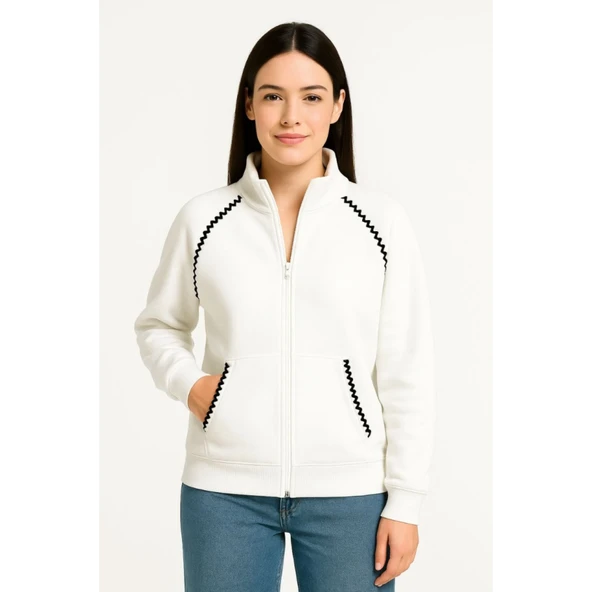 Lucky Life Oversize Dik Yaka Fermuarlı Sweatshirt - Zincir Nakışli Kanguru Cepli, - Beyaz - 6