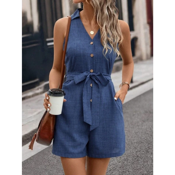 Lucky Life Kadın Sıfır Kollu Yakalı Düğmeli Belden Kuşaklı Kısa Keten Tulum - 2