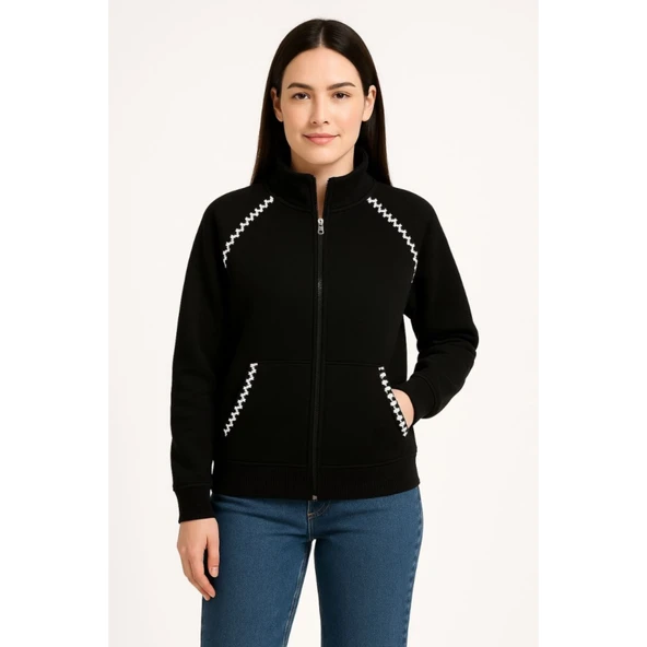 Lucky Life Oversize Dik Yaka Fermuarlı Sweatshirt - Zincir Nakışli Kanguru Cepli, - Siyah - 6