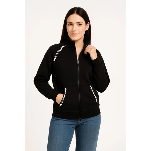 Lucky Life Oversize Dik Yaka Fermuarlı Sweatshirt - Zincir Nakışli Kanguru Cepli, - Siyah - 4
