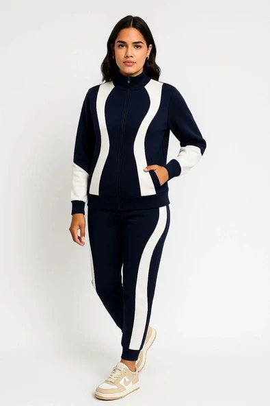 Kadın Premium Parçalı Eşofman Takım - Dik Yaka Fermuarlı Sweatshirt - Siyah - Resim 2