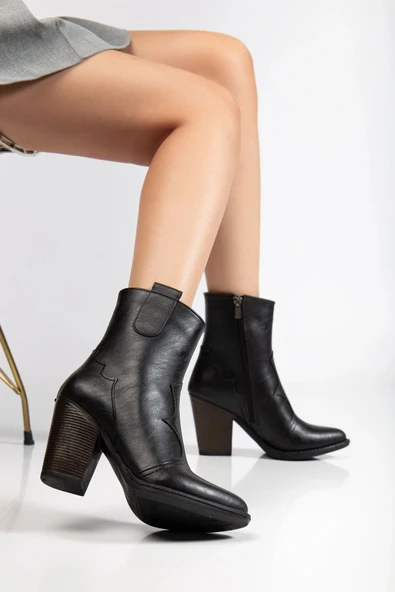 117 Siyah Kovboy Dikiş Detaylı Fermuarlı  Yüksek Topuklu Günlük Kadın Bot - 2