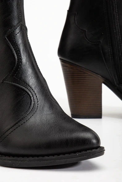 117 Siyah Kovboy Dikiş Detaylı Fermuarlı  Yüksek Topuklu Günlük Kadın Bot - 5