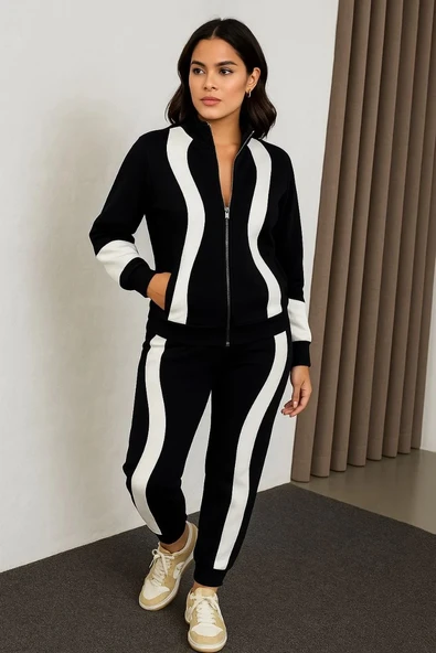 Kadın Premium Parçalı Eşofman Takım - Dik Yaka Fermuarlı Sweatshirt - Siyah - Resim 6