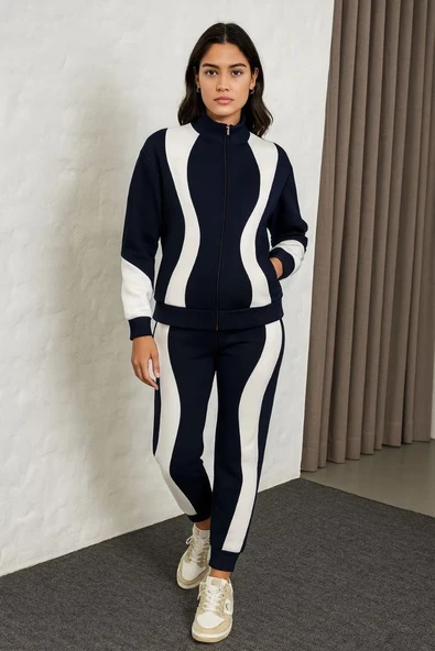 Kadın Premium Parçalı Eşofman Takım - Dik Yaka Fermuarlı Sweatshirt - Siyah - Resim 7