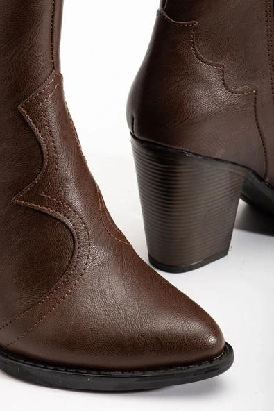 117 Kahve Kovboy Dikiş Detaylı Fermuarlı  Yüksek Topuklu Günlük Kadın Bot - 5