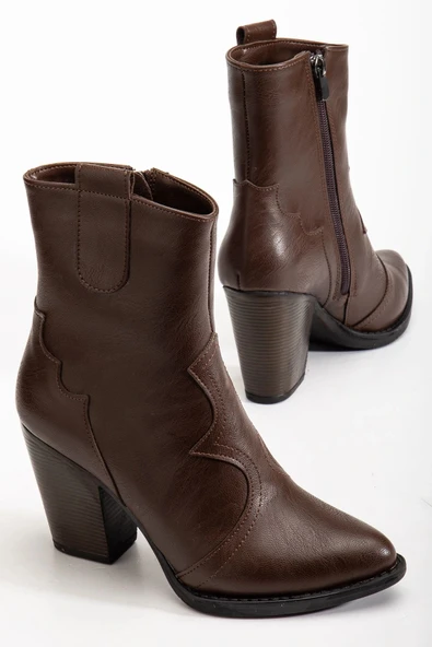 117 Kahve Kovboy Dikiş Detaylı Fermuarlı  Yüksek Topuklu Günlük Kadın Bot - 4