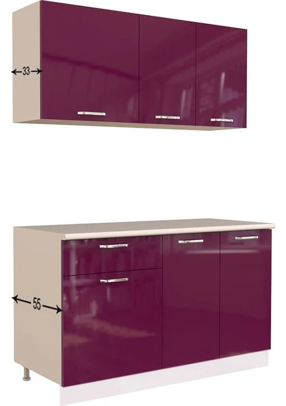 T Designo Eylül Hazır Mutfak Dolabı 140 cm Parlak Mürdüm- Tezgah Dahil - 4