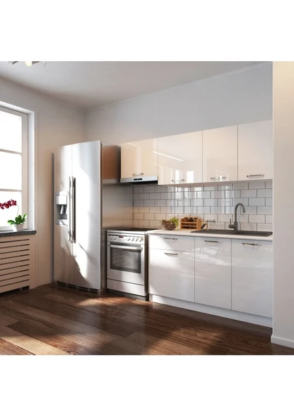 T Designo Linda Hazır Mutfak Dolabı 200CM Parlak Beyaz Tezgah Dahil
