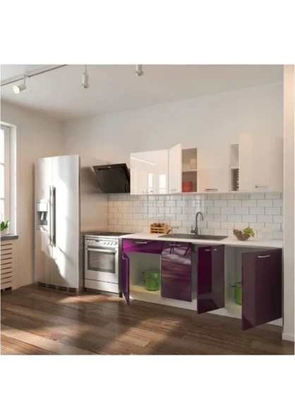 T Designo Selvi Hazır Mutfak Dolabı 200 cm Parlak Mürdüm ve Beyaz Tezgah Dahil ürün görseli