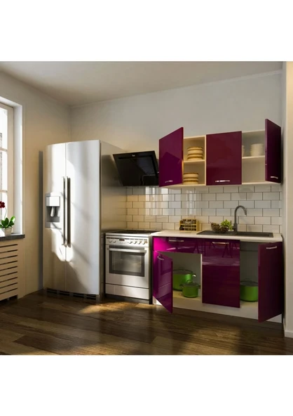 T Designo Eylül Hazır Mutfak Dolabı 140 cm Parlak Mürdüm- Tezgah Dahil - 2