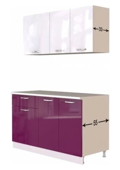 T Designo Hale Hazır Mutfak Dolabı 140 Cm- Parlak Mürdüm ve Beyaz Tezgah Dahil - Resim 4