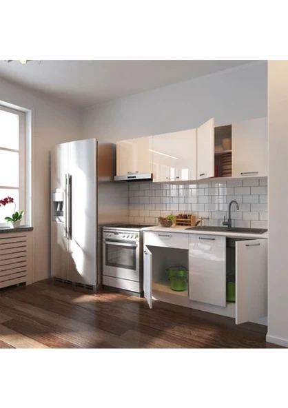 T Designo Linda Hazır Mutfak Dolabı 200CM Parlak Beyaz Tezgah Dahil - 2