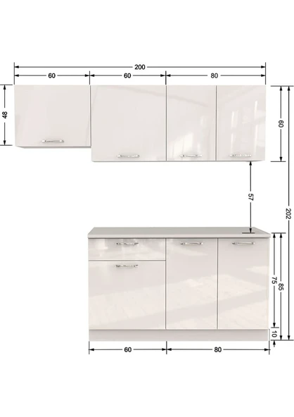 T Designo Linda Hazır Mutfak Dolabı 200CM Parlak Beyaz Tezgah Dahil - 3