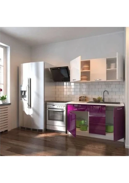 T Designo Hale Hazır Mutfak Dolabı 140 Cm- Parlak Mürdüm ve Beyaz Tezgah Dahil - Resim 2